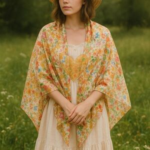 100% Silk Floral Square Scarf 50x50 W Giant Heart In Center Gold Blue Red Green